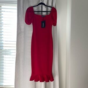 Red MIDI Dress Puff sleeve